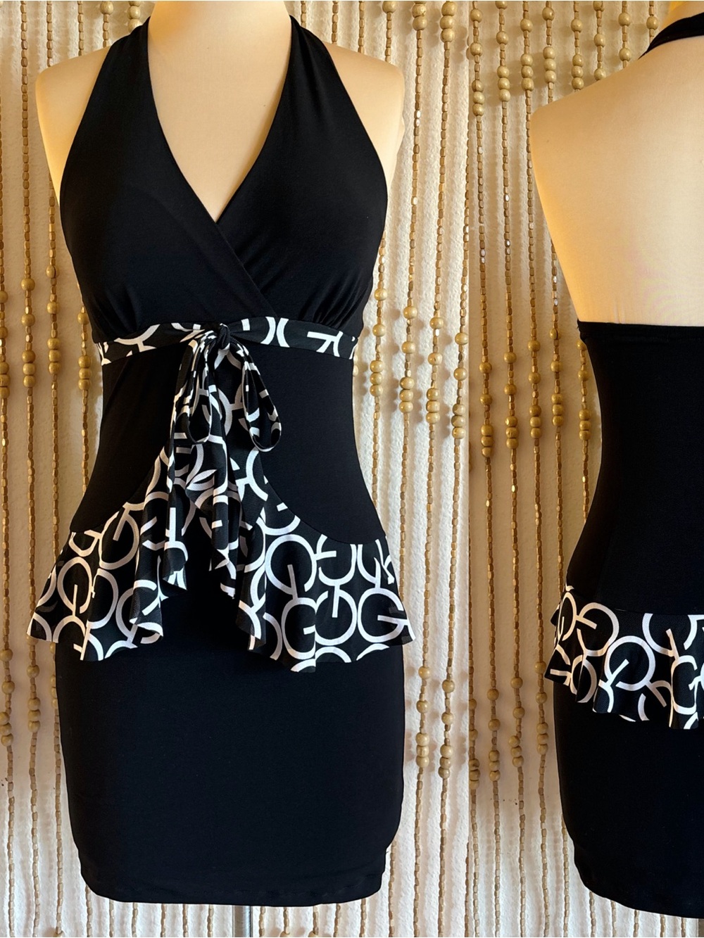 Vintage Y2K Black White G Print Ruffle Detail Halter Stretchy Form Fitting Dress